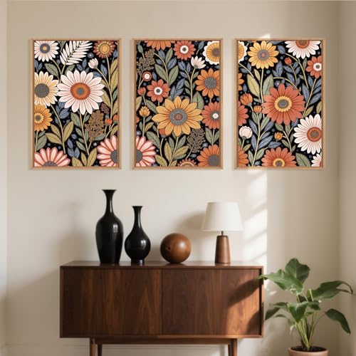 Large Abstract Boho Flower Framed Canvas Wall Art Set
