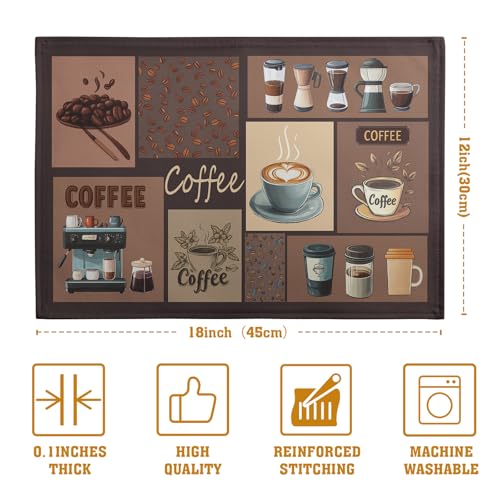 Coffee Theme Placemats Set of 4 Farmhouse Style Brown Linen Fabric Table Mat 12x18 Inch Washable Heat Resistant Non