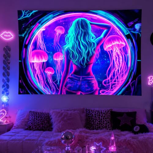 Sexy Woman Jellyfish Tapestry Blacklight Tapestry 59x78 Inch