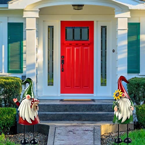Metal Gnome Yard Art Outdoor Gnomes Garden Statue 18 Inch Gnome Figurine Decorative Stakes for Holiday Christmas Lawn Patio Yard Garden Decor (2 Count)