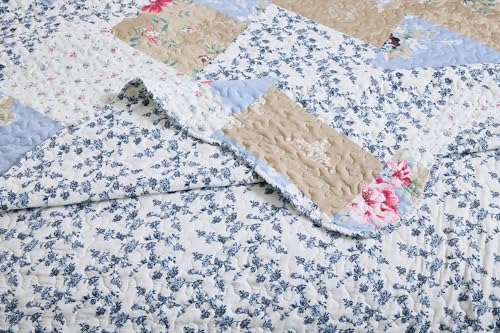 Pink Rose & Beige Toile Patchwork Quilt Set