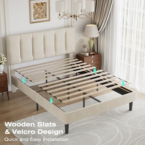 Full Size Bed Frame with Upholstered Headboard