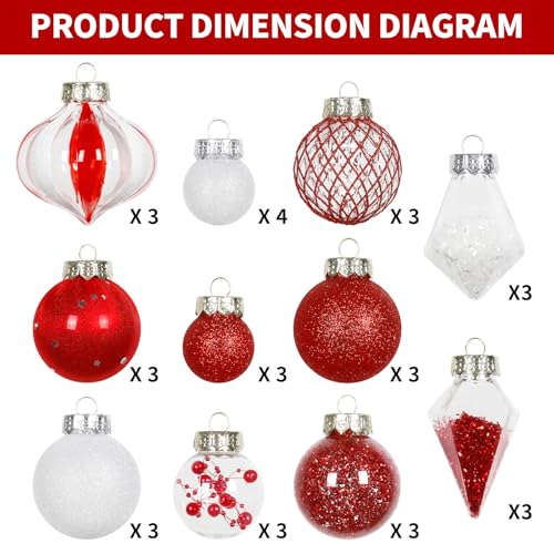 34PCS Red White Christmas Ball Ornaments Set for Tree Decorations (34 Count)