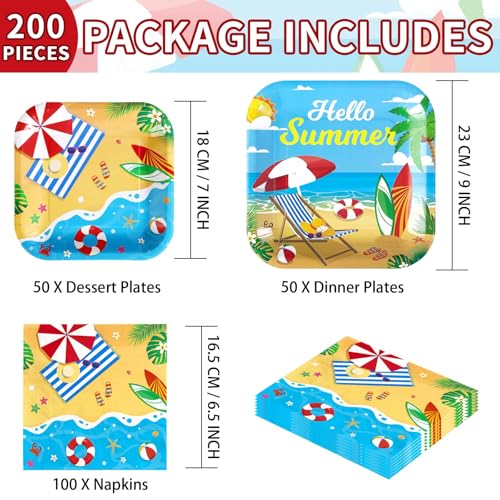 200Pcs Beach Party Supplies Hello Summer Party Plates Serves 50 (200 Count)