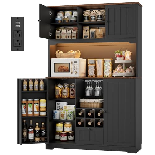 71" Kitchen Pantry Cabinet with LED Light and Charging Station