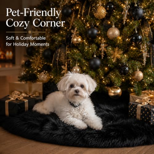 30 Inch Faux Fur Christmas Tree Skirt Black Plush Skirt for Merry Christmas Party Christmas Tree Decoration