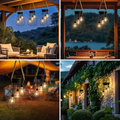 Hanging Solar Lantern Outdoor Waterproof Black Metal Solar Light