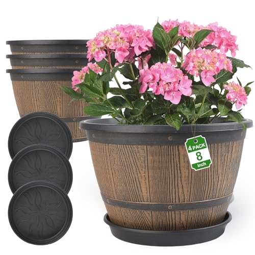8-inch-Plant-Pots-Indoor-Outdoor, 4 Pack Whiskey Barrel Planters with Drainage Holes & Saucer, Plastic Flower Pots Imitation Wine Barrel Design, Decorative Garden Pots for Plants (4 Count)