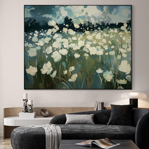 46"x60" Extra Large Framed Wall Art White Wildflower Field in Impressionist Style