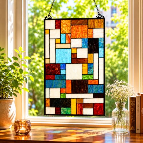 Geometric Color Block Tiffany Style Stained Glass Window Panel with Hanging Chain