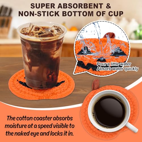 4Pcs Halloween Pumpkin Handmade Braided Cotton Coasters Orange Black Pumpkin Shape Drink Coasters Absorbent Cup Mat for Home Office Party Decor (4 Count)