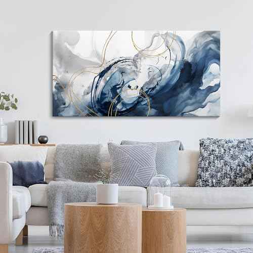 Blue Abstract Wall Art Modern Canvas Art Wall Decor Artwork For Walls Living Room Large Painting Office Pictures For Wall Navy Gold Contempor Decorations For Bedroom Size 20x40