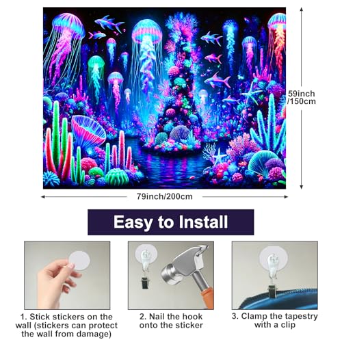 Blacklight Tapestry Jellyfish Ocean Decor 78x59 Inch