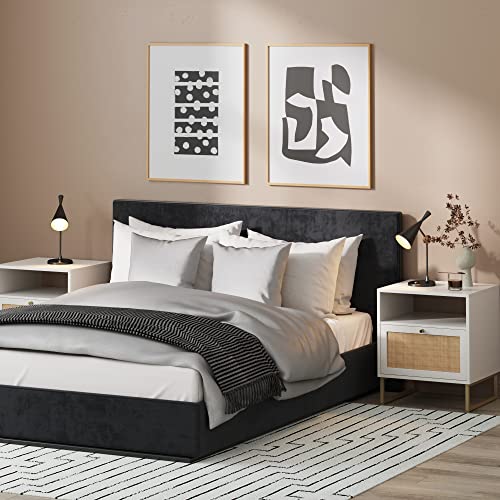 Mina Side End or Accent Table in a Matte White Finish & Brass Gold Legs with Natural Rattan Storage Door for Living Room or Nightstand for Bedroom