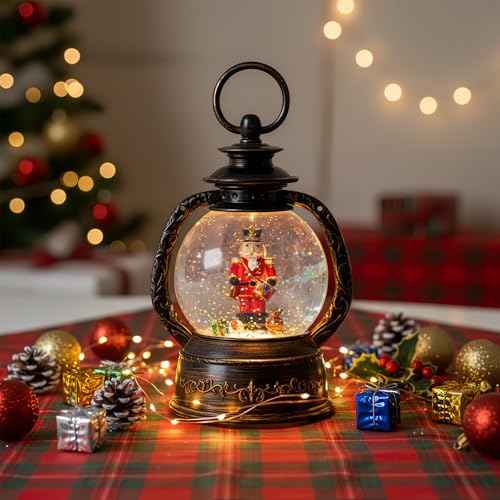 Christmas Snow Globe Lantern Water Glittering Nutcracker with Music & Timer