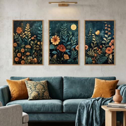 Moody Blue Floral Botanical Framed Canvas Wall Art Set