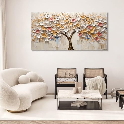 White Spring Large Tree of Life Wall Art Office Decor Living Room Modern Painting Prints Pictures Abstract Floral Flower Nature Canvas Large Landscape Artwork
