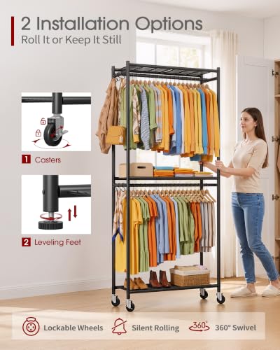 Clothes Rack 33.0" x 12.2" x 79.5" Clothing Rack with Shelves & Wheels