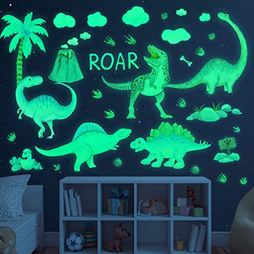 Dinosaur Wall Decals Glow in The Dark Dinosaur Wall Stickers Watercolor Dinosaur Decal Large Removable Vinyl Dino Wall Decals for Boys Bedroom Kids Girls Nursery Playroom Living Room Wall Decor Green (4 Count)