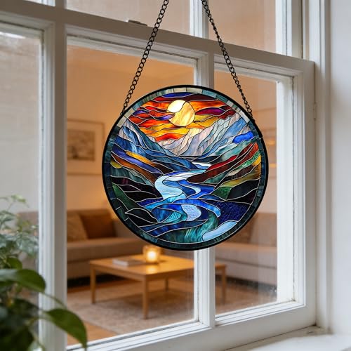 Stained Glass Window Hanging River Scenery Suncatcher Gifts for Women 12"