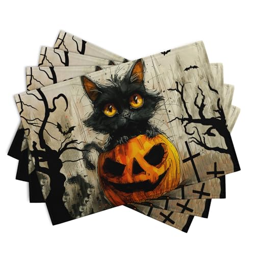 Halloween Black Cat Pumpkin 12x18 Placemats Set of 4 Happy Halloween Bat Branch Linen Table Place Mat Seasonal Fall Washable Heat Resistant Non Slip Table Placemats for Party Kitchen Dining Decor (4 Count)