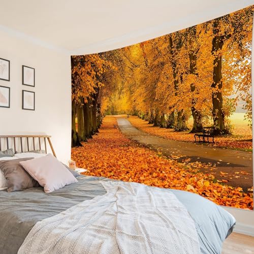 Fall Orange Forest Tapestry Nature Landscape Autumn Maple Tree with Vintage Road Wall Tapestry Modern Aesthetic Wall Art for Office Bedroom