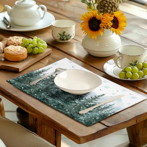 Winter Pine Tree Snowflake Placemats Set of 4 Christmas Snow Green Forest Place Mat 12x18 Inch Seasonal Xmas Holiday Rustic Nature Washable Fabric Table Mats for Farmhouse Kitchen Dining Decoration (4 Count)
