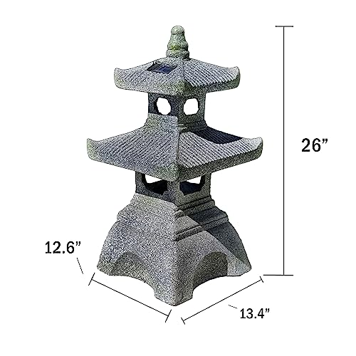 2 Tier Pagoda Garden Statue LED Solar Powered Light 26" Tall Outdoor Zen Garden Lantern Landscape Lawn Asian Pagoda Stupa Decor Grey Resin