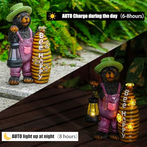 Honey Bear Garden Statue with Lighted Beehive & Lantern