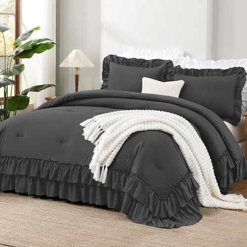 Dark Grey Ruffle Super King Comforter Set