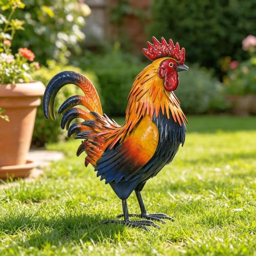Rooster Garden Statue Sculpture Metal Chicken Yard Decor Outdoor Figurines Patio Backyard Decoration