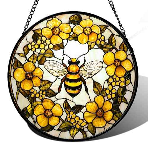 Bee Wreath Stained Glass Window Hanging Suncatcher Gifts for Women 15"