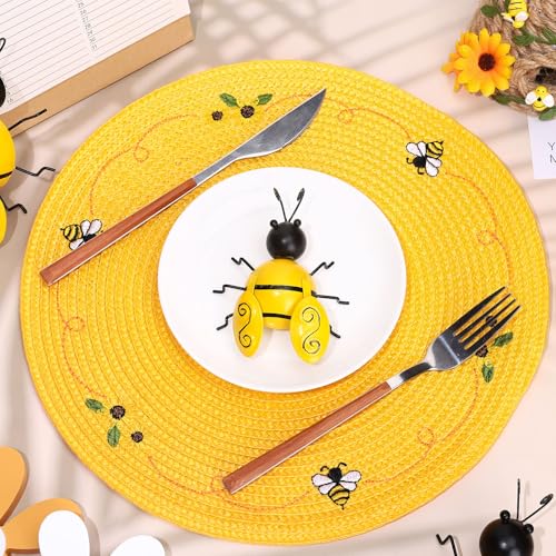 4Pcs Bee Sunflower Embroidered Placemats Round Place Mats Bee Floral Dinner Table Mats for Home Spring Summer Holiday Birthday Baby Shower Party Decor (4 Count)