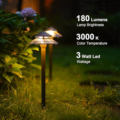 Pathway Lights Kits 3W LED 8PK Outdoor Low Voltage Landscape Lighting 180 Lumen Hardwired 2 Tier Pagoda Path Light 3000K Warm White Metal 12V Electric Sidewalk Walkway Lights with Connectors (8 Count)