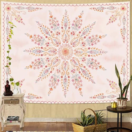 Boho Floral Mandala Tapestry for Bedroom Aesthetic Pink Bohemian Flower Wall Tapestry Watercolor Hippie Indian Tapestries Wall Hanging for Living Room Dorm Decor 60 x 44 Inch
