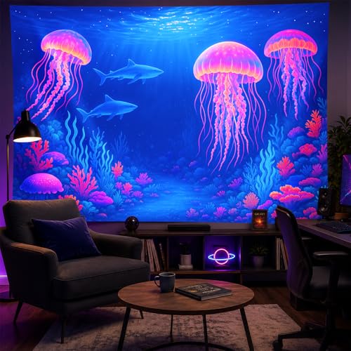 Blacklight Tapestry Jellyfish Shark Wall Art 78 x 59 Inch