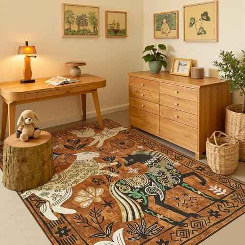 5x7 Cute Area Rug Kids Washable Fun Rug Earthy Brown Starlit Boho (35 Sq Ft)