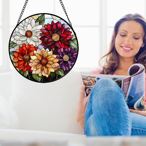 Stained Glass Window Hanging Color Dahlia Suncatcher Gifts for Women 6.3"