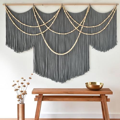 Large Macrame Wall Hanging Grey Boho Wall Art Beaded Decor 57"W*39"L