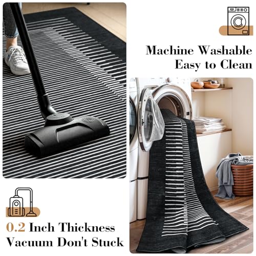 Washable Striped Black Runner Rug for Hallway 2'6"x8' (20 Sq Ft)