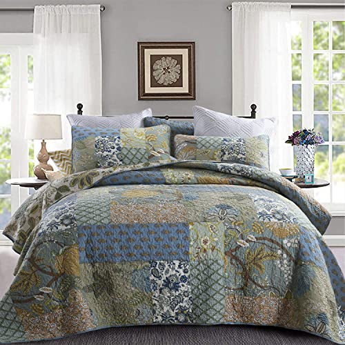 Quilt Set King Bedspread Reversible Green Farmhouse Garden Coverlet Real Patchwork Quilt Set for All Seasons with Pillowcases