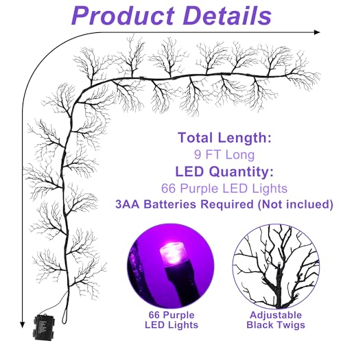 9 Ft 66 LED Willow Vine Twig Decor Black Halloween Garland with Purple Lights