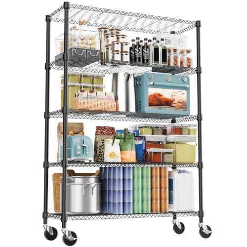 1750LBS 47.2" W 5 Tiers Storage Shelves Metal Shelving Unit with Wheels Heavy Duty Garage Shelving Adjustable Wire Shelves for Pantry