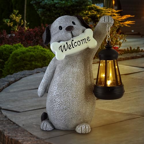 Solar Dog Garden Statue with Lantern Light