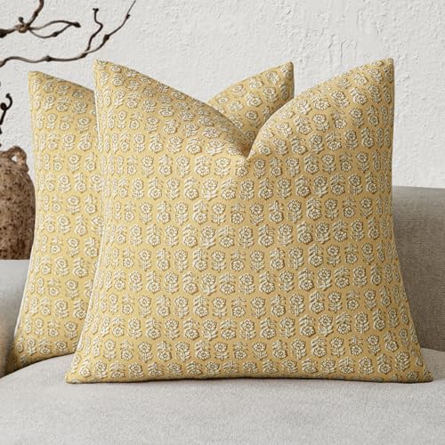 Decorative Floral Print Throw Pillow Covers 22×22 Light Yellow (2 Count)