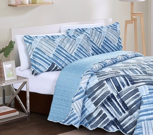 Blue Grey Stripes & Blocks Patchwork Quilt Set