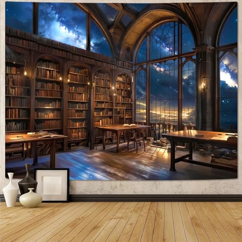 Gothic Library Tapestry Vintage Medieval Bookshelf Tapestries Wall Hanging Fantasy Space Academia Book Extra Large Tapestry for Bedroom Living Room Dorm Classroom 90 x 68 inch