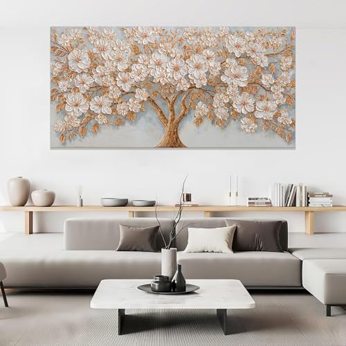 Oversized Canvas Wall Art Decor Gold Tree of Life Canvas Art Wall Decor For Living Room Modern Botanical Decor Nature White Floral Tree Wall Art Artwork For Bedroom Home Office Wall Decor 29×58 Inch