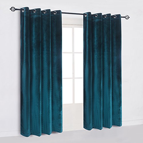 Super Soft Luxury Room Darkening VelvetDark Green Blackout Energy Efficient Grommet Curtain Panel Drapes Peacock Blue 52Wx63L