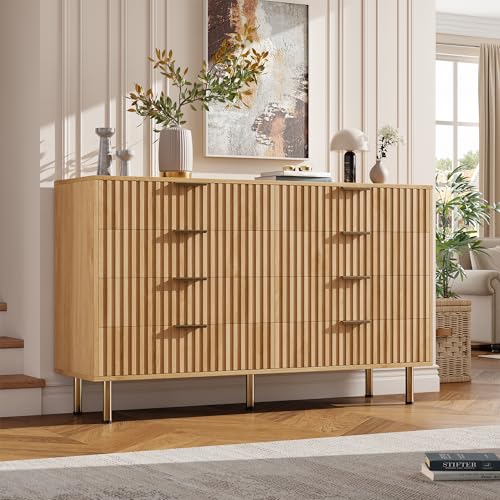 55" Fluted Natural 8 Drawer Dresser for Bedroom with Deep Drawer